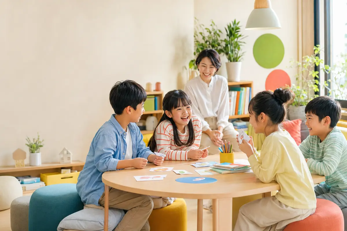 明るい教室で仲間と英語のゲームを楽しむ小学生のイメージ
